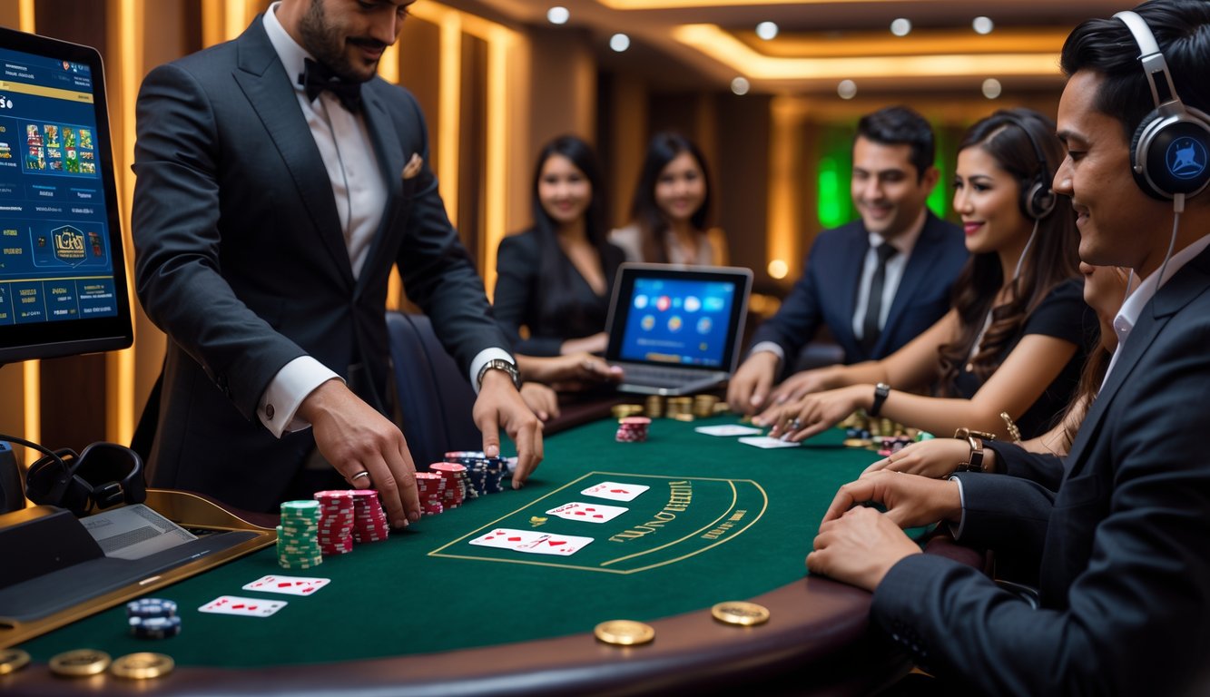 Meja permainan kartu eksklusif dengan pemain dan dealer yang melayani secara prioritas dalam suasana mewah dan profesional.