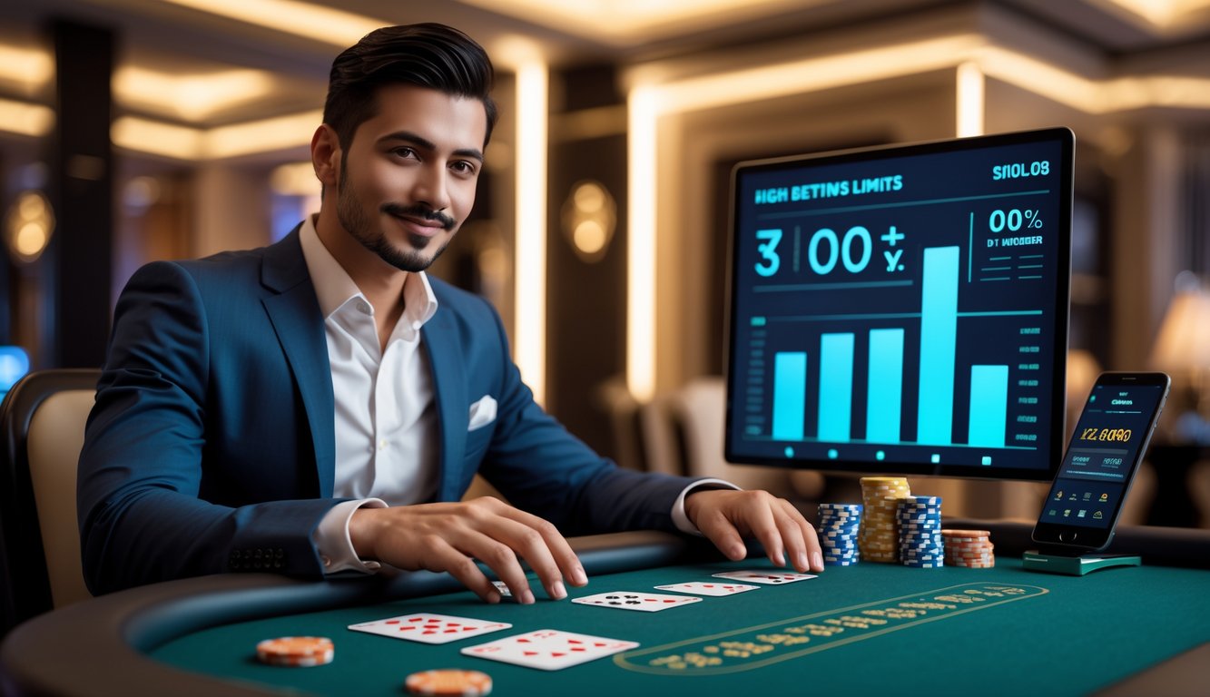 Seorang pria berpakaian rapi duduk di meja permainan dengan kartu dan chip, di latar belakang suasana kasino mewah dengan pencahayaan hangat.