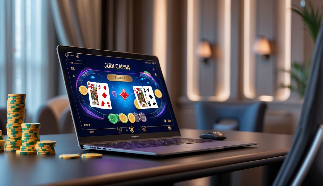 Setup komputer modern dengan permainan kartu online dan suasana ruangan yang elegan dan terpercaya.