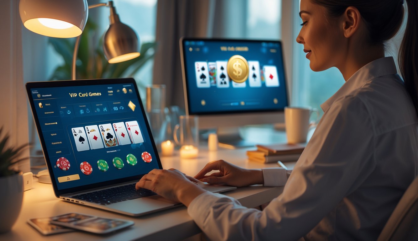 Seseorang sedang menggunakan laptop di ruang santai yang nyaman dengan elemen permainan kartu digital di layar.