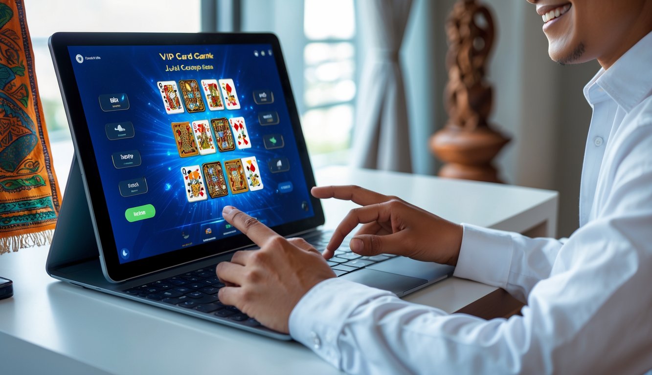 Seorang pemain Indonesia sedang bermain judi capsa online dengan perangkat digital di meja yang rapi, menunjukkan suasana transaksi cepat dan aman.