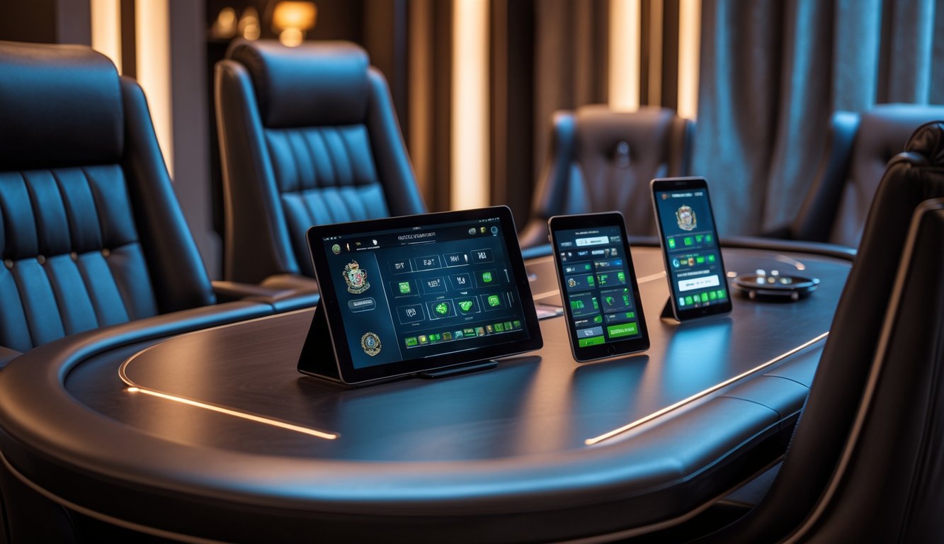 Ruangan VIP mewah dengan meja dan kursi nyaman, menampilkan perangkat digital untuk bermain judi kartu online.