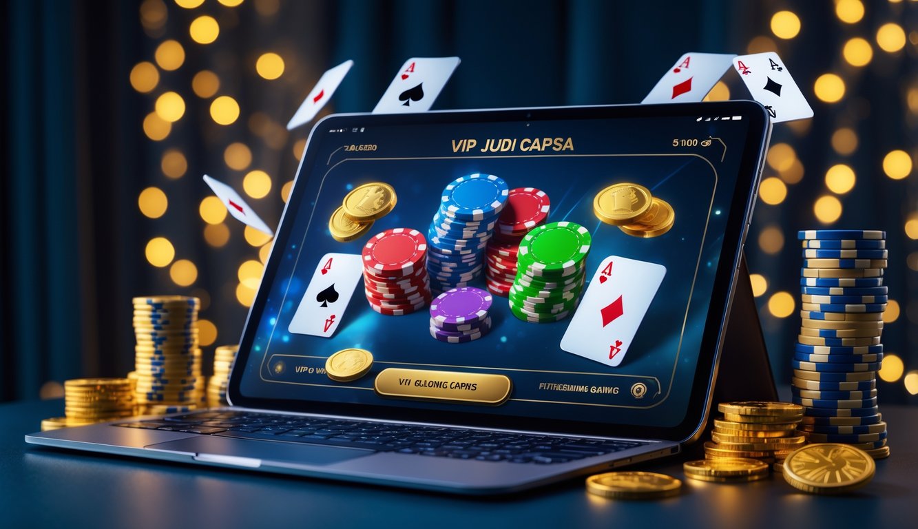 Seorang pemain menggunakan laptop dengan tampilan kartu dan chip judi online di layar, dikelilingi tumpukan chip dan koin emas dalam suasana mewah dan menarik.