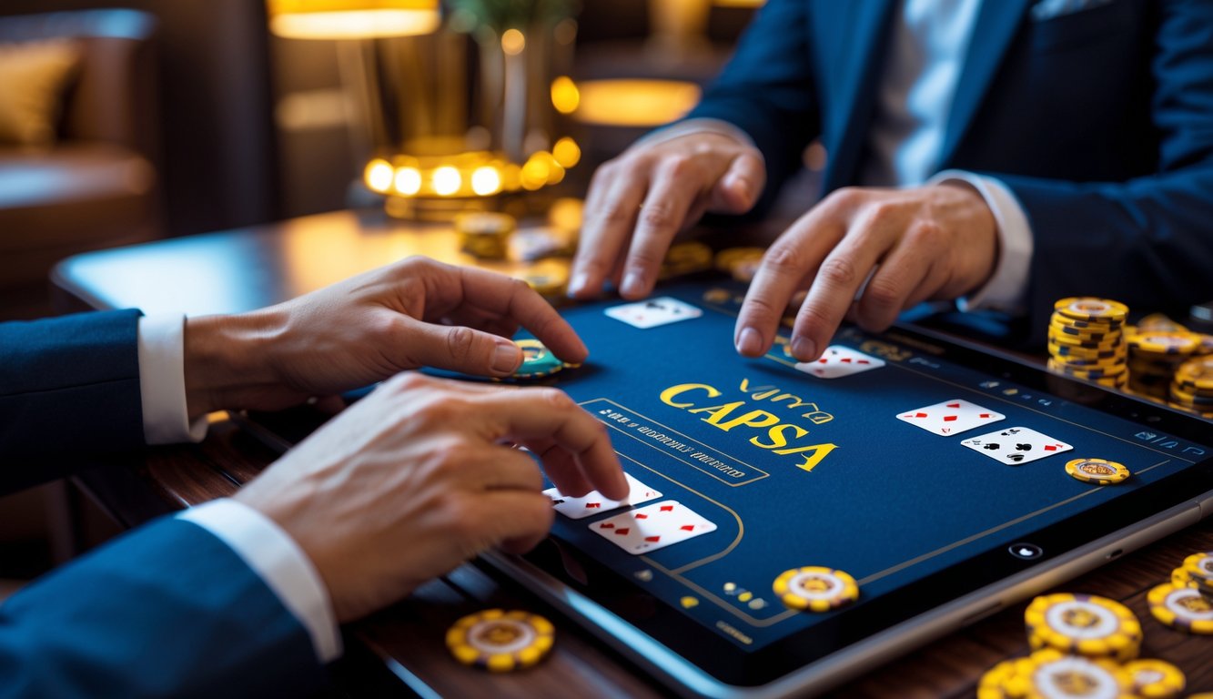 Orang bermain permainan Capsa online di perangkat digital dengan suasana mewah dan eksklusif.