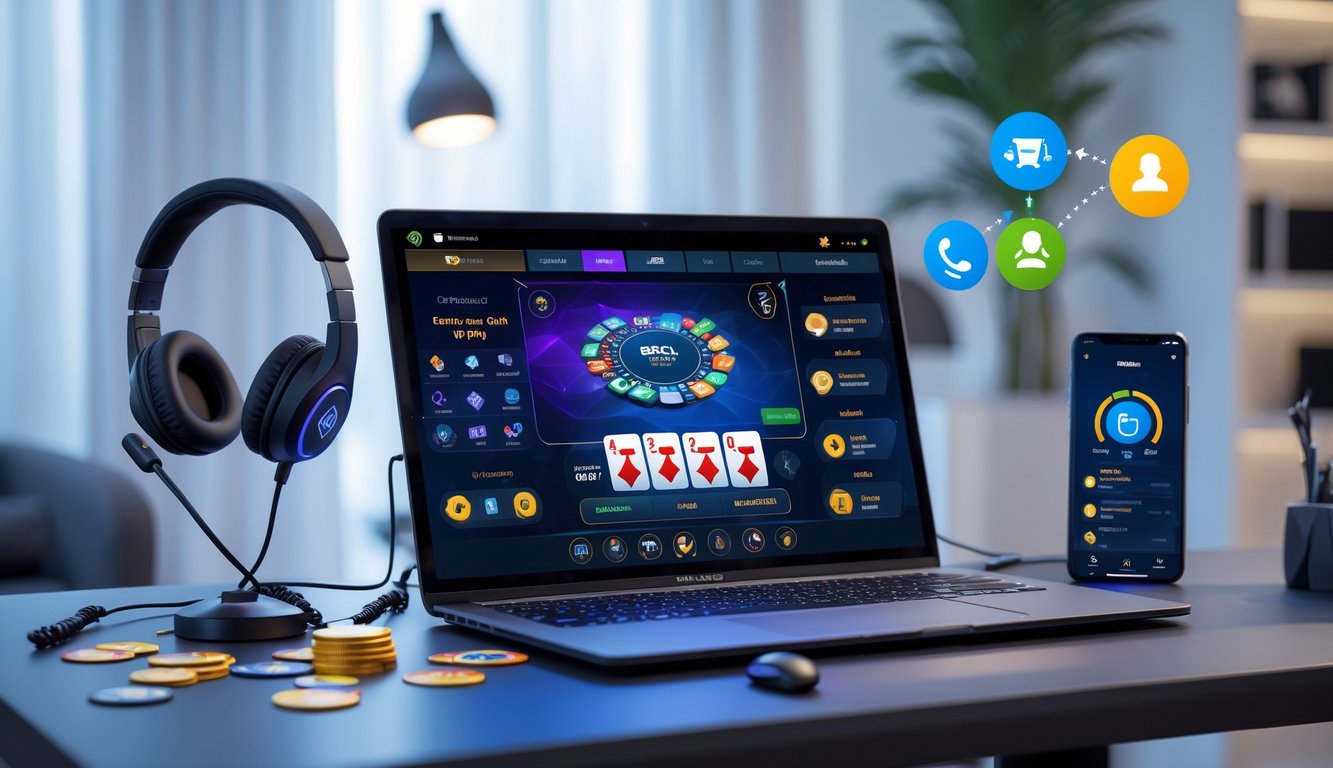 Sebuah meja dengan laptop yang menampilkan permainan kartu online, dilengkapi headset, ponsel dengan aplikasi obrolan, dan suasana ruangan yang nyaman.