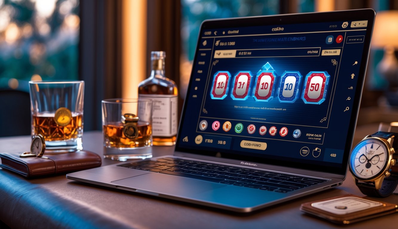 Seorang pemain judi Capsa online sedang menggunakan laptop di ruangan mewah dengan aksesori seperti gelas minuman dan jam tangan di meja.