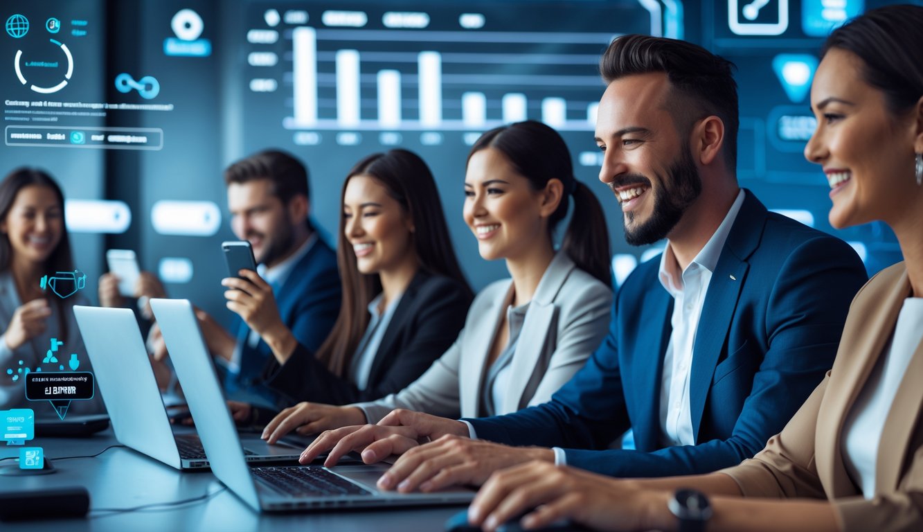 Sekelompok orang dewasa bermain game online di ruangan modern dengan perangkat digital, menunjukkan ekspresi senang dan percaya diri.