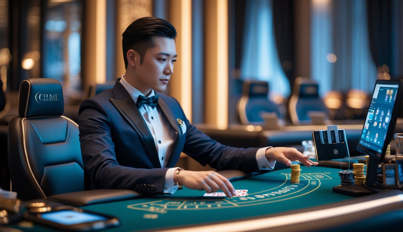 Seorang dealer profesional duduk di meja permainan eksklusif dengan pencahayaan mewah, sedang mengatur kartu untuk permainan Ceme online.