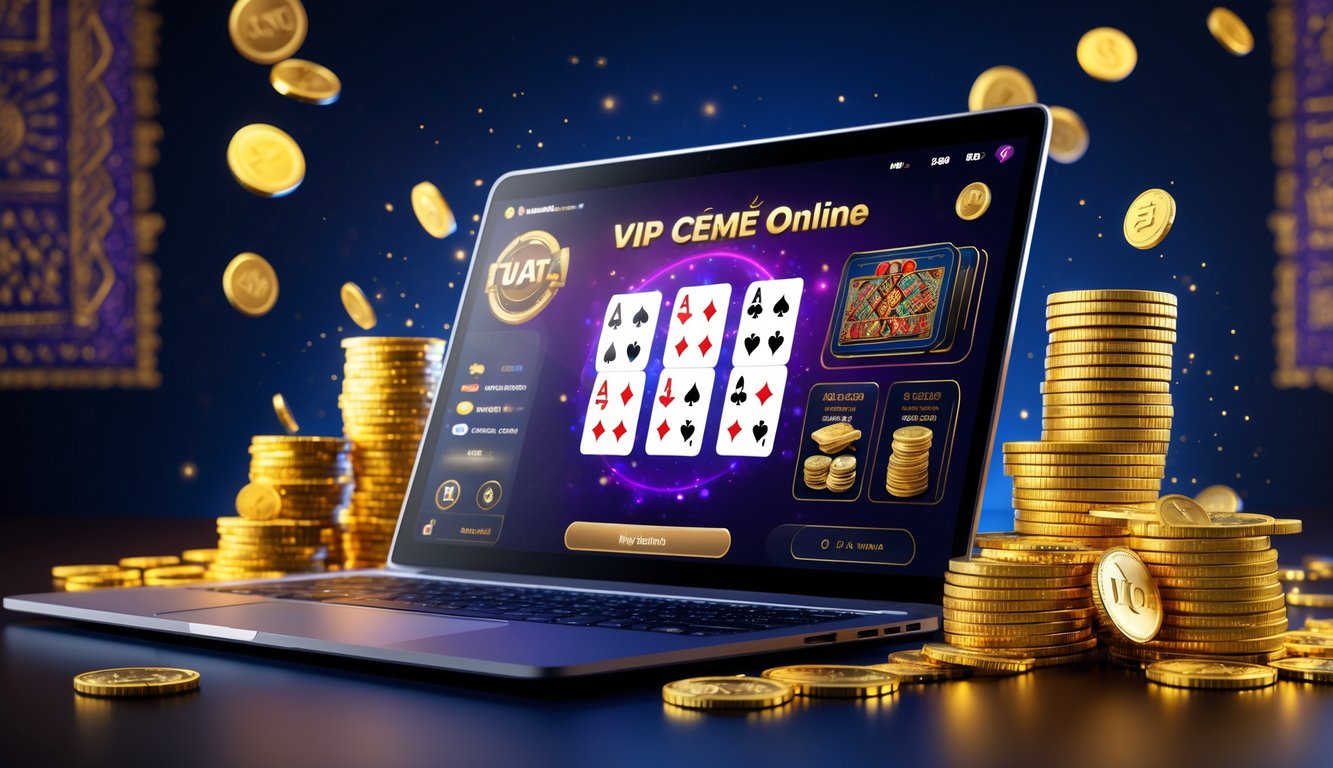 Seseorang menggunakan komputer dengan permainan kartu online, dikelilingi chip kasino dan uang, menunjukkan suasana taruhan tinggi dan bonus menarik di Indonesia.