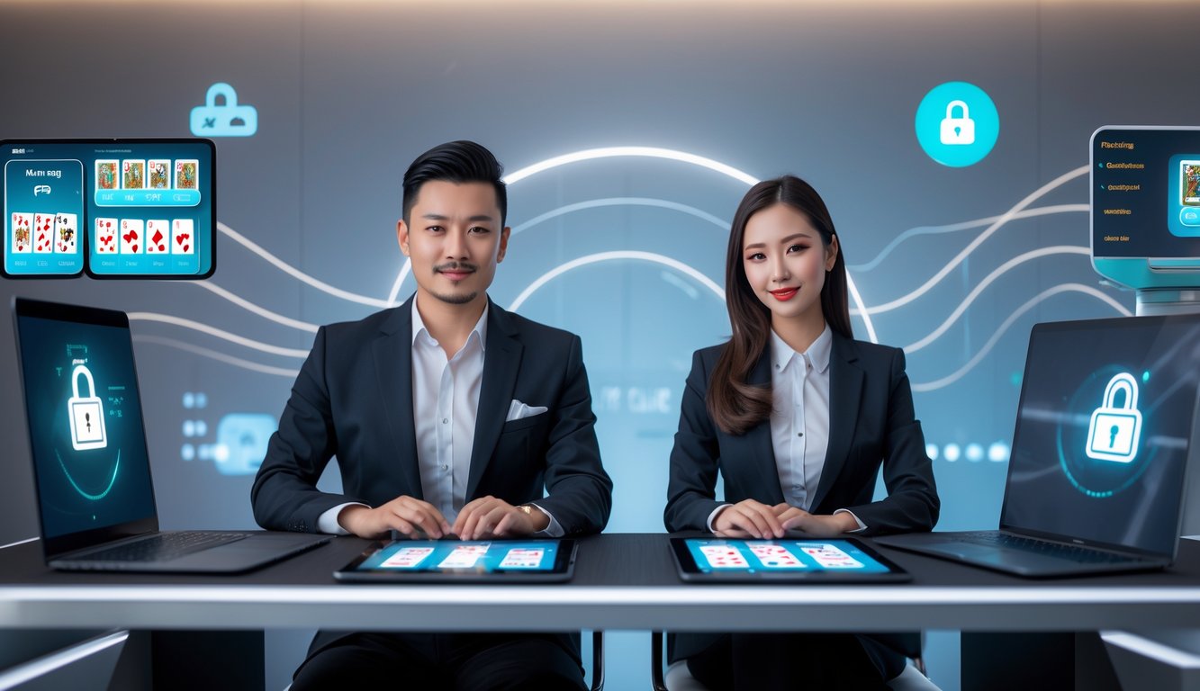 Seorang pria dan wanita duduk di meja dengan perangkat digital yang menampilkan permainan kartu, menggambarkan transaksi cepat dan aman dalam situs VIP Ceme online.