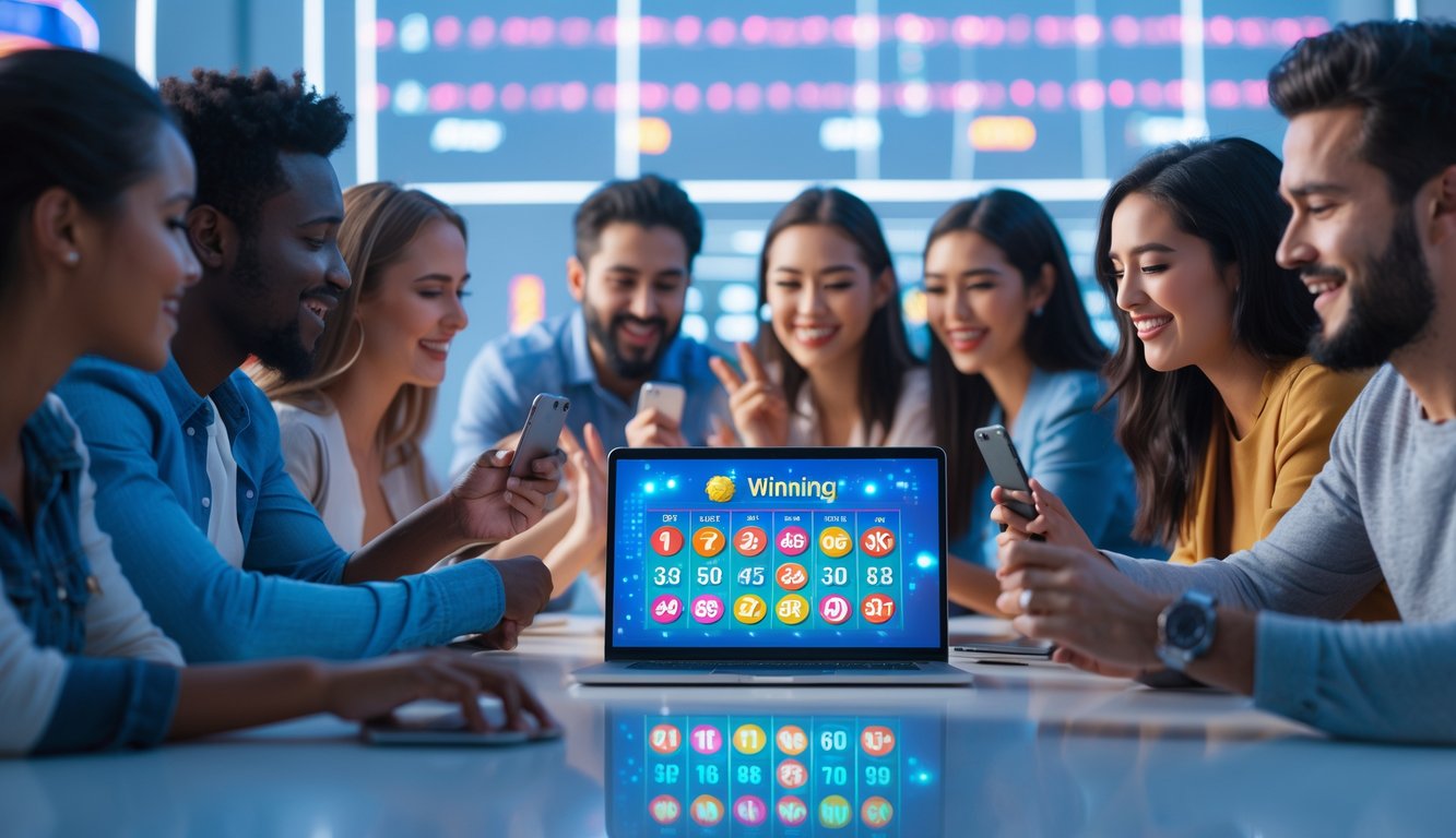 Orang-orang menggunakan perangkat digital dengan ekspresi fokus dan antusias dalam suasana permainan online yang modern.