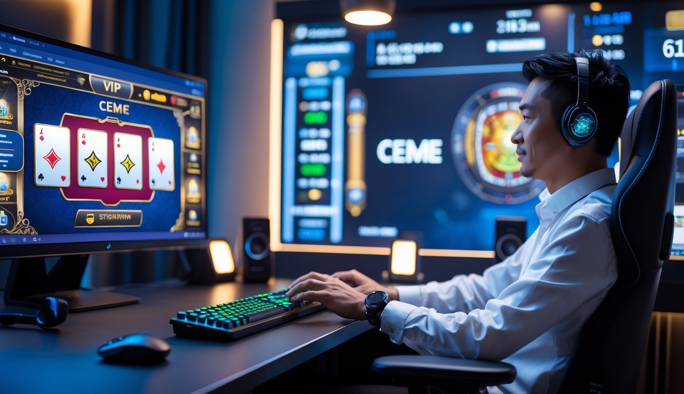 Seorang pemain dewasa menikmati permainan kartu online di meja dengan monitor besar dan peralatan gaming di ruangan yang nyaman dan terang.