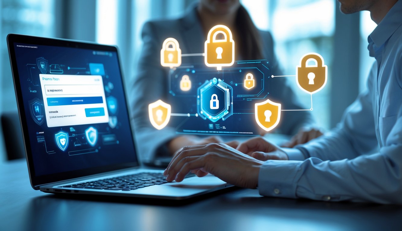 Seseorang menggunakan laptop di meja kerja dengan ikon keamanan digital yang terlihat di layar.