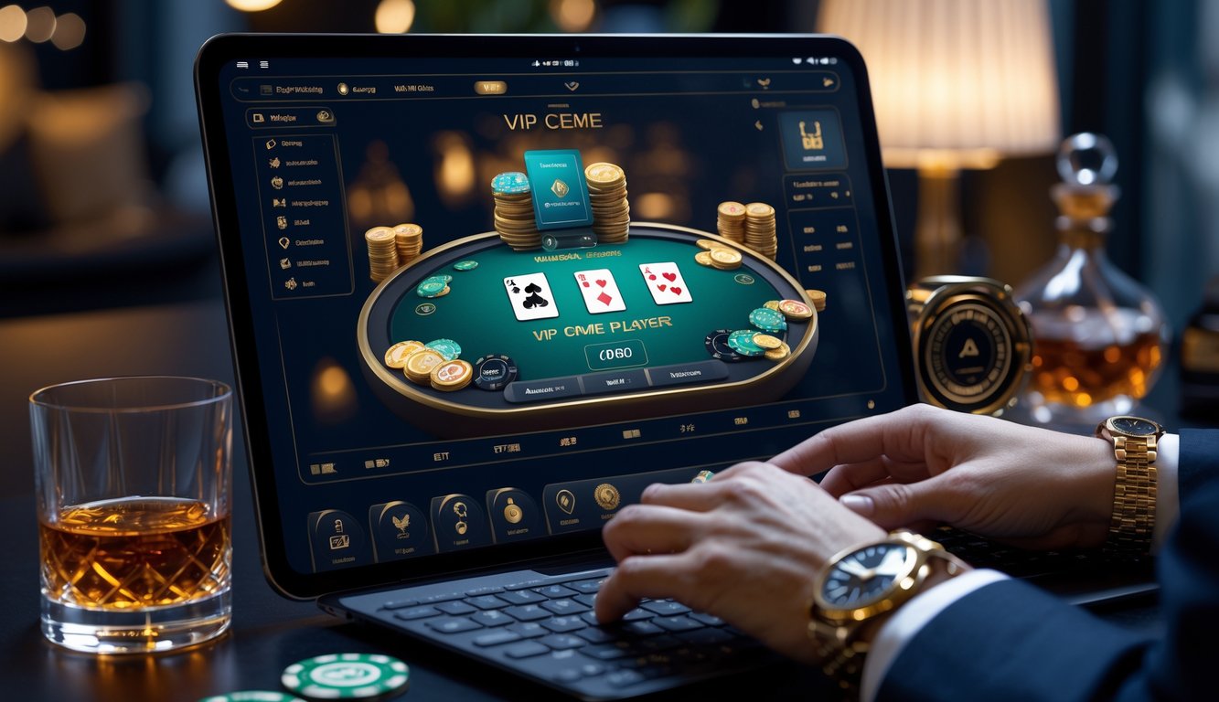 Seseorang menggunakan perangkat digital dengan meja permainan kartu online yang mewah dan elegan.