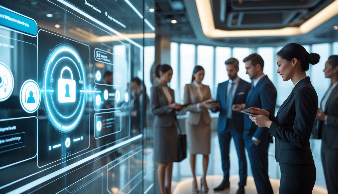 Beberapa orang berpakaian rapi menggunakan teknologi canggih di ruang kantor modern yang mewah.