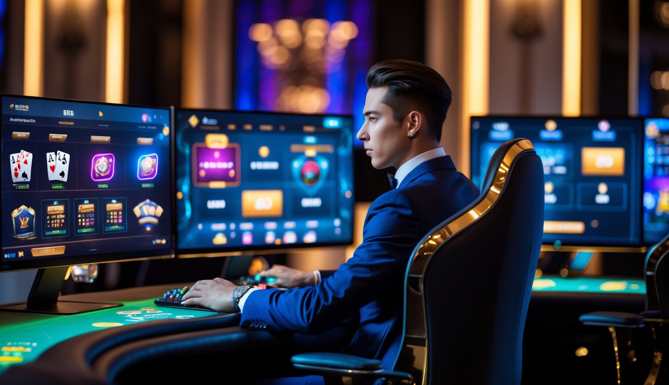 Seorang pemain profesional duduk di depan beberapa layar komputer yang menampilkan permainan kartu online dengan suasana mewah dan eksklusif.