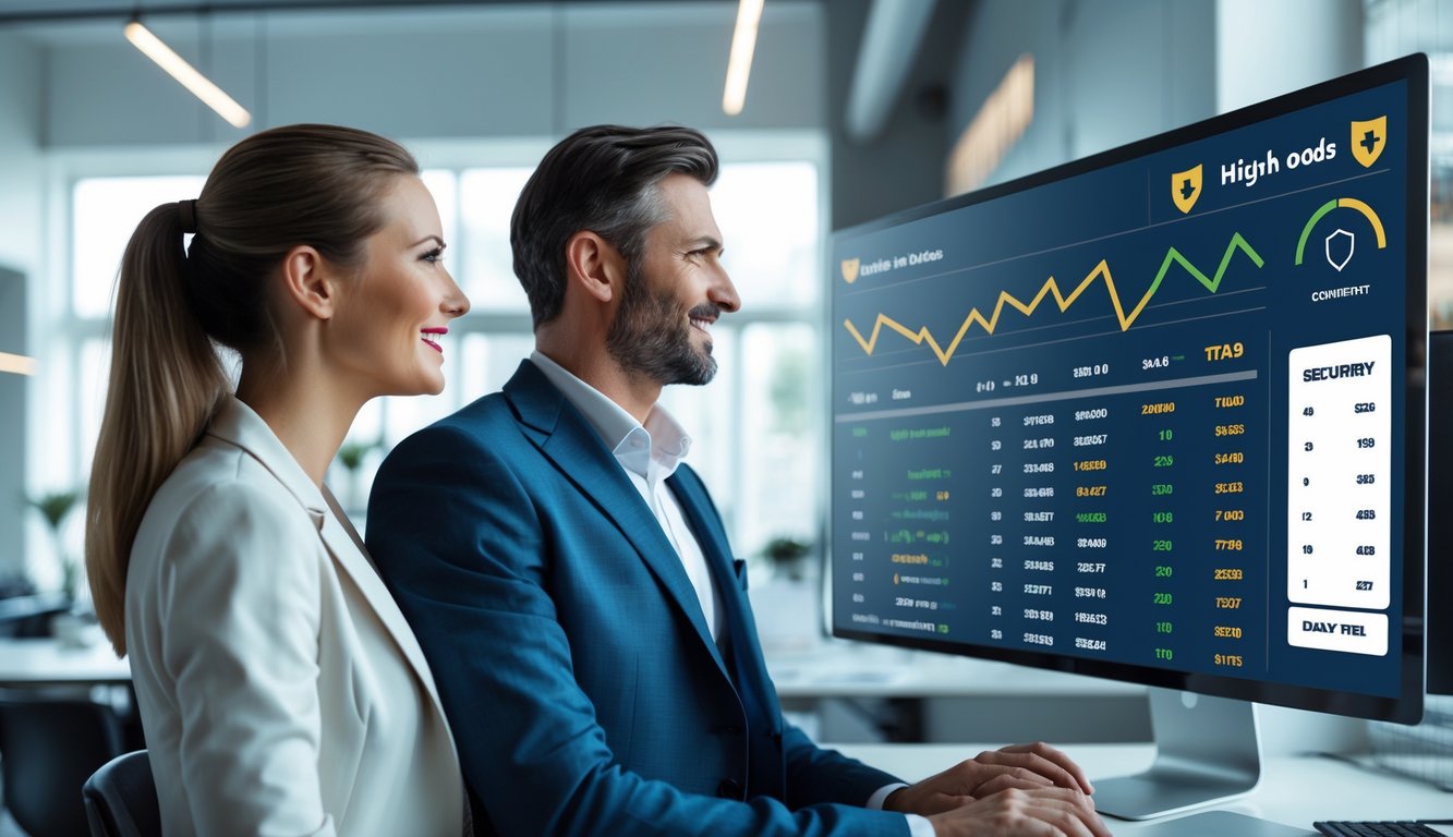 Seorang pria dan wanita di kantor modern melihat layar digital yang menampilkan statistik pacuan kuda dan grafik peluang tinggi.