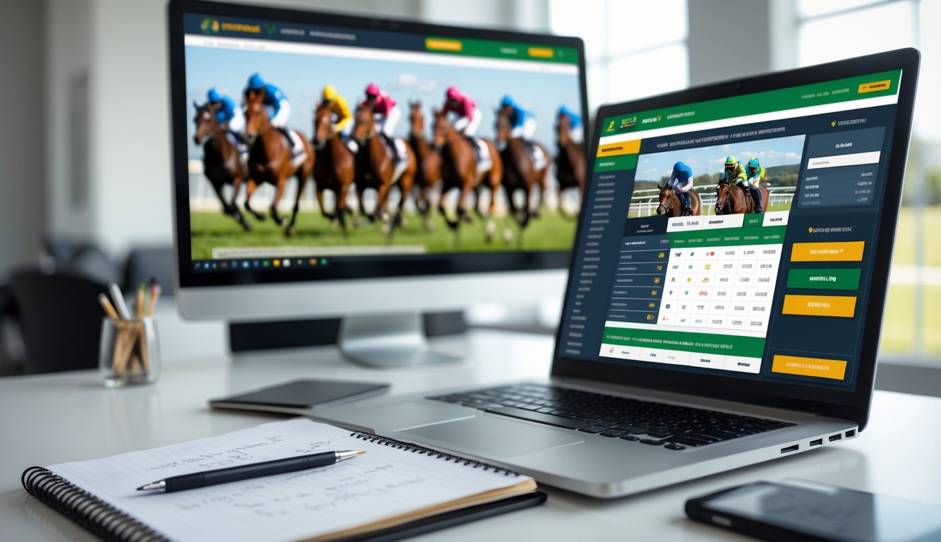 Seorang pengguna sedang belajar taruhan pacuan kuda online dengan laptop dan catatan di meja, layar menampilkan balapan kuda.