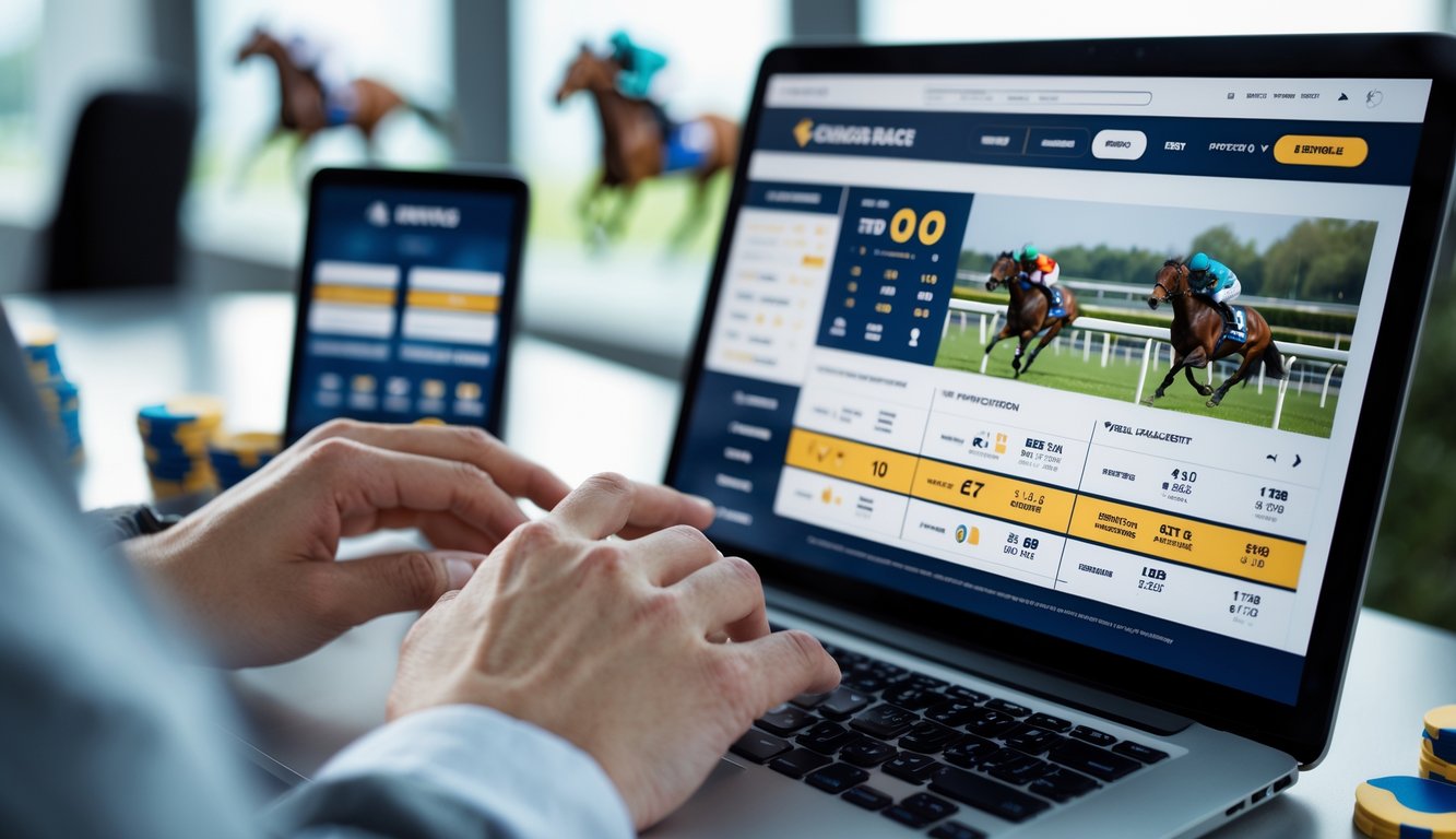 Orang menggunakan komputer dengan layar menampilkan antarmuka taruhan pacuan kuda online, dengan latar belakang pacuan kuda dan alat taruhan.