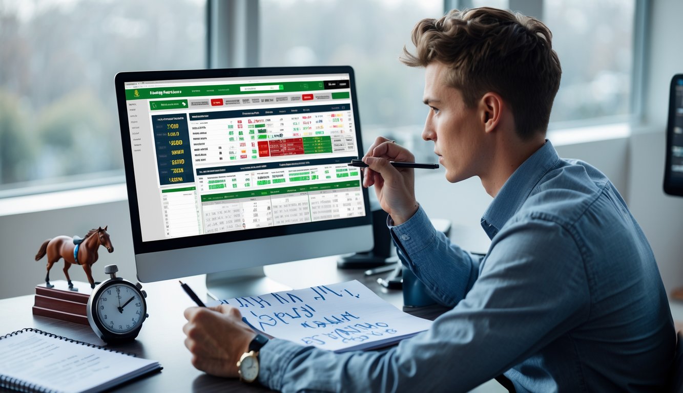 Seorang dewasa muda duduk di meja dengan laptop yang menampilkan situs taruhan pacuan kuda, sedang menganalisis data dan membuat catatan strategi.