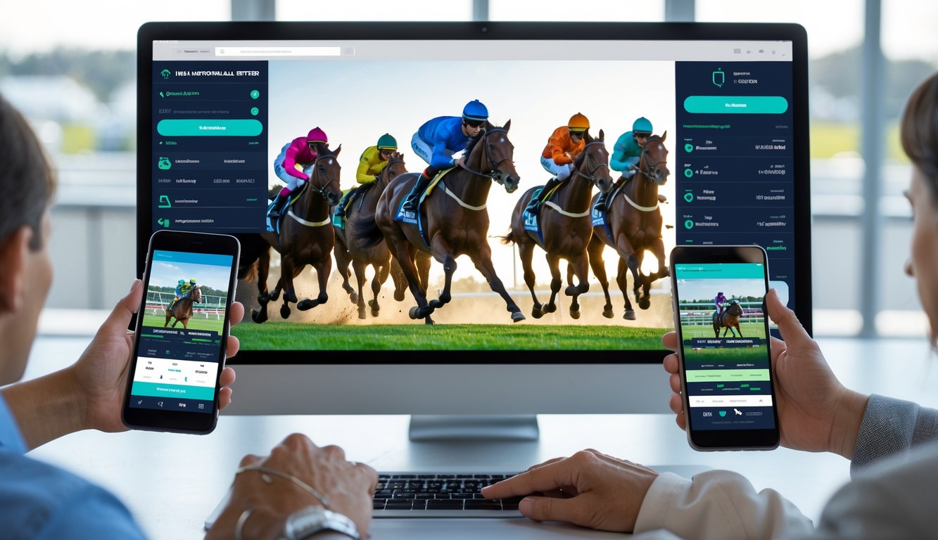 Orang-orang menggunakan perangkat digital untuk bertaruh pada pacuan kuda internasional dengan latar belakang balapan kuda yang sedang berlangsung.