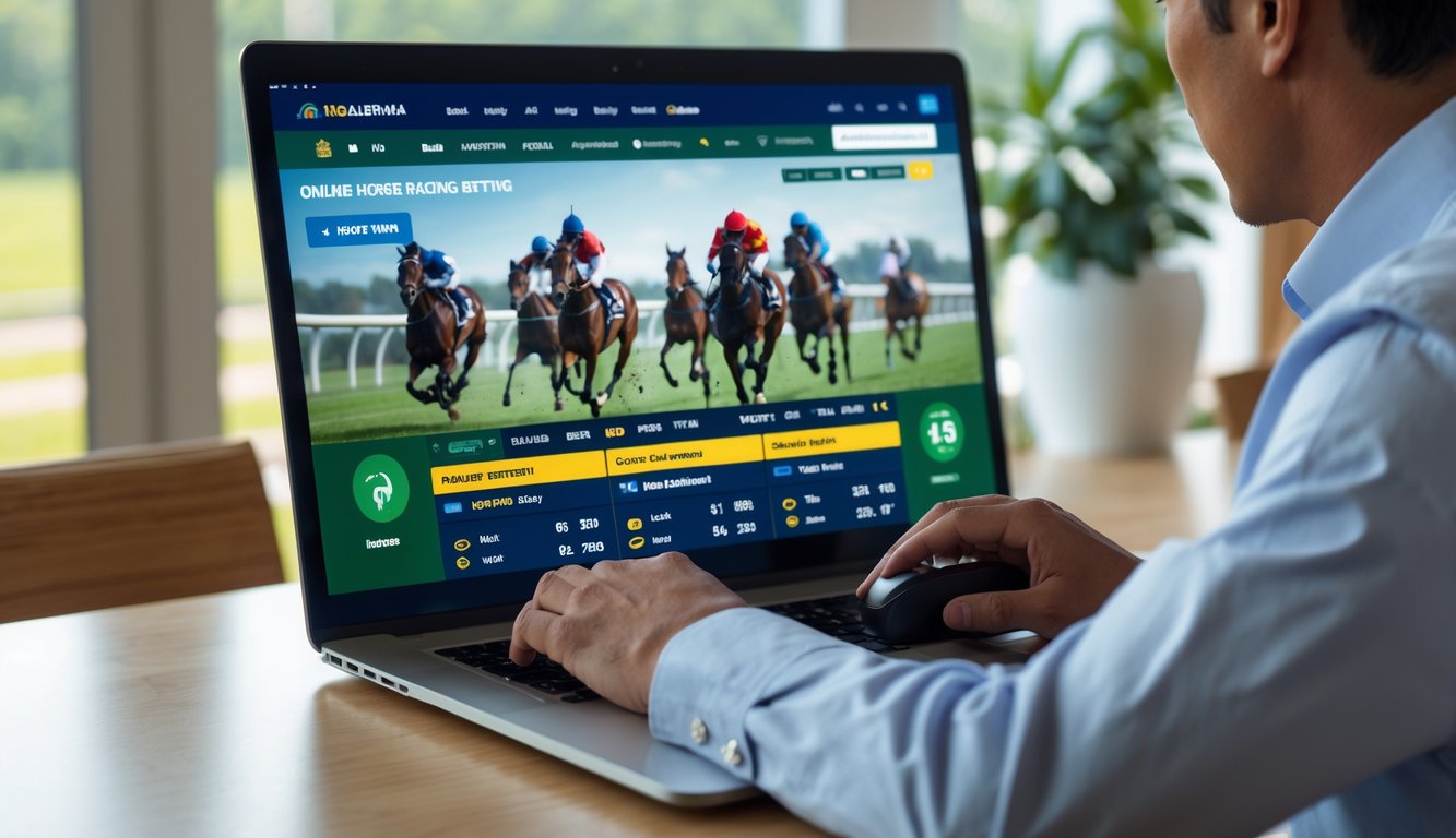 Seseorang menggunakan komputer untuk memasang taruhan pacuan kuda secara online dengan latar belakang pacuan kuda yang samar.