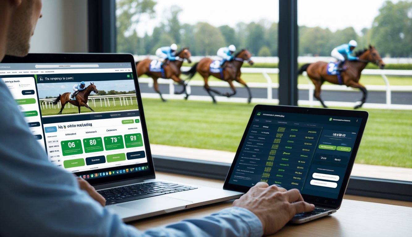 Seseorang menggunakan laptop dan ponsel untuk bertaruh pacuan kuda secara online dengan latar belakang arena pacuan kuda terlihat melalui jendela.