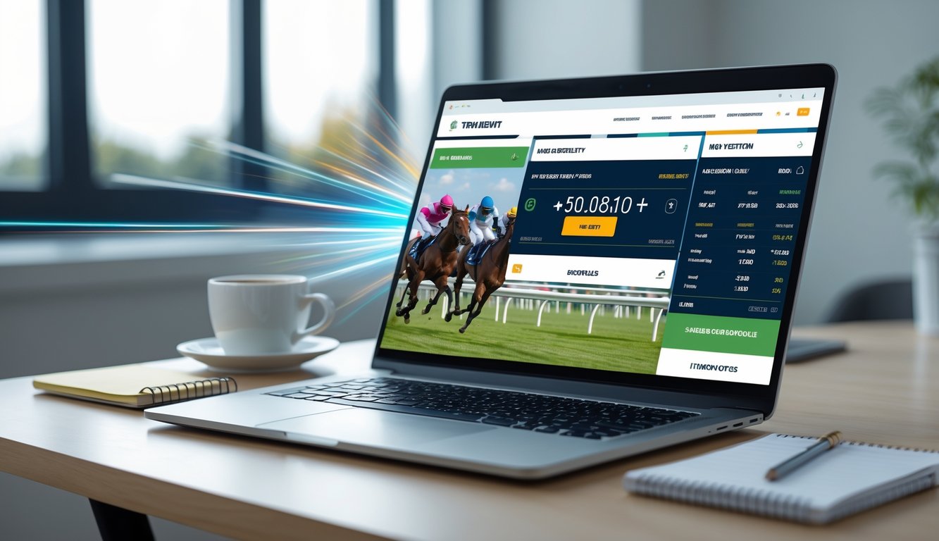 Seorang pengguna sedang melihat layar perangkat dengan tampilan taruhan pacuan kuda online, di meja kerja yang rapi dengan latar belakang gambar kuda berlari.