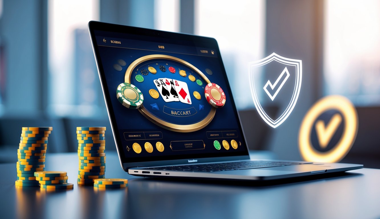 Sebuah laptop modern menampilkan permainan baccarat online dengan kartu dan chip, dikelilingi simbol keamanan dan keadilan dalam suasana yang bersih dan terpercaya.