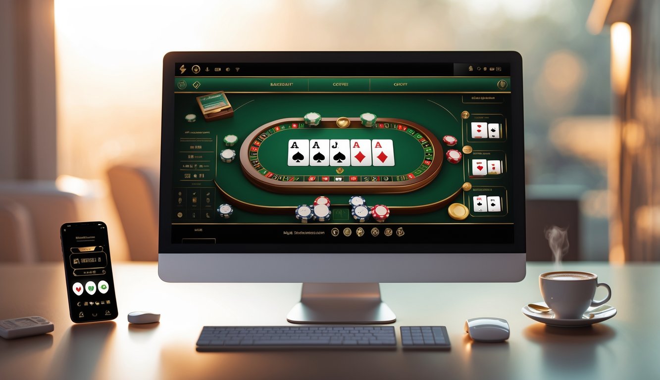 Tampilan meja permainan baccarat online di layar komputer dengan kartu dan chip, dikelilingi oleh smartphone dan cangkir kopi di atas meja.