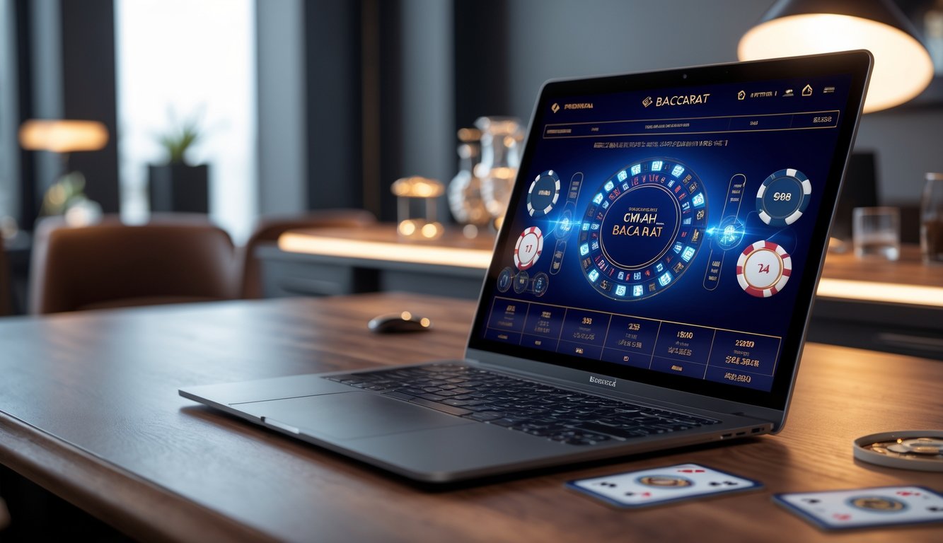 Sebuah layar komputer menampilkan permainan baccarat online dengan kartu dan chip di meja yang rapi, di sebuah ruang kerja yang modern dan terang.