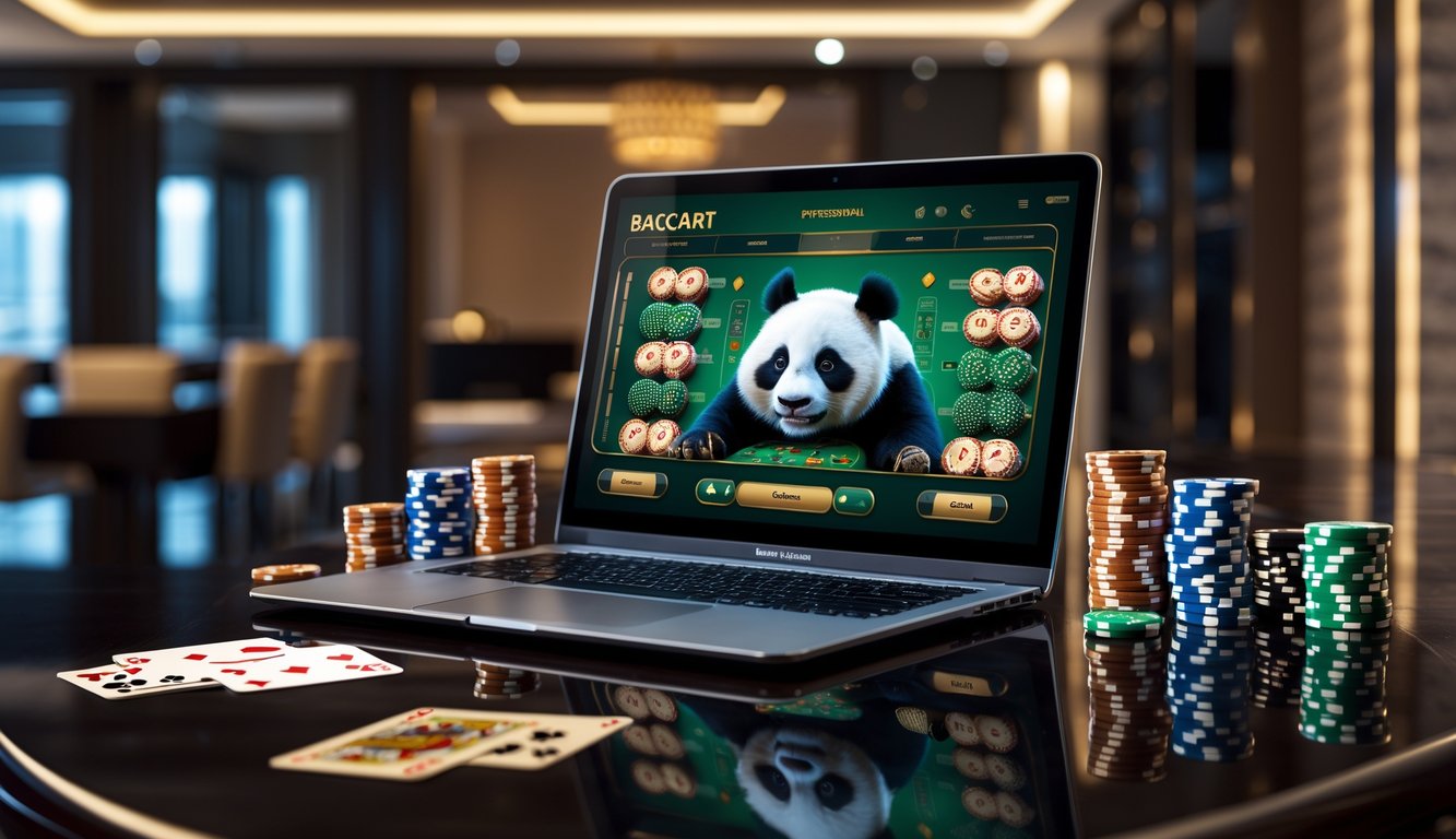 Sebuah meja dengan komputer menampilkan permainan baccarat online dengan tema panda, dikelilingi chip poker dan kartu remi.