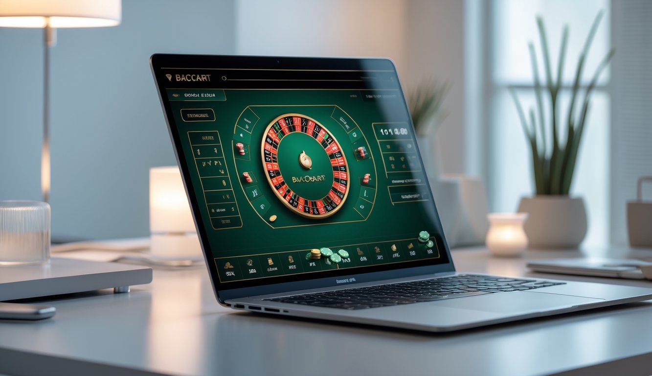 Sebuah meja kerja modern dengan komputer menampilkan permainan baccarat online yang stabil dan terpercaya untuk taruhan harian.