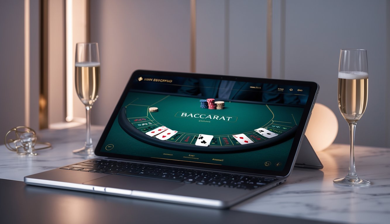 Seseorang bermain baccarat online di laptop dengan suasana mewah dan pencahayaan hangat.