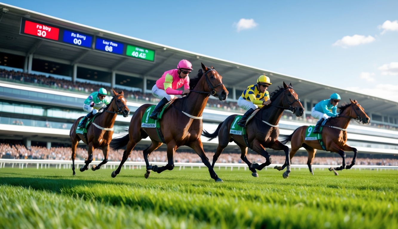 Lomba pacuan kuda dengan joki berwarna-warni berlari di lintasan dengan penonton di tribun dan layar digital di latar belakang.