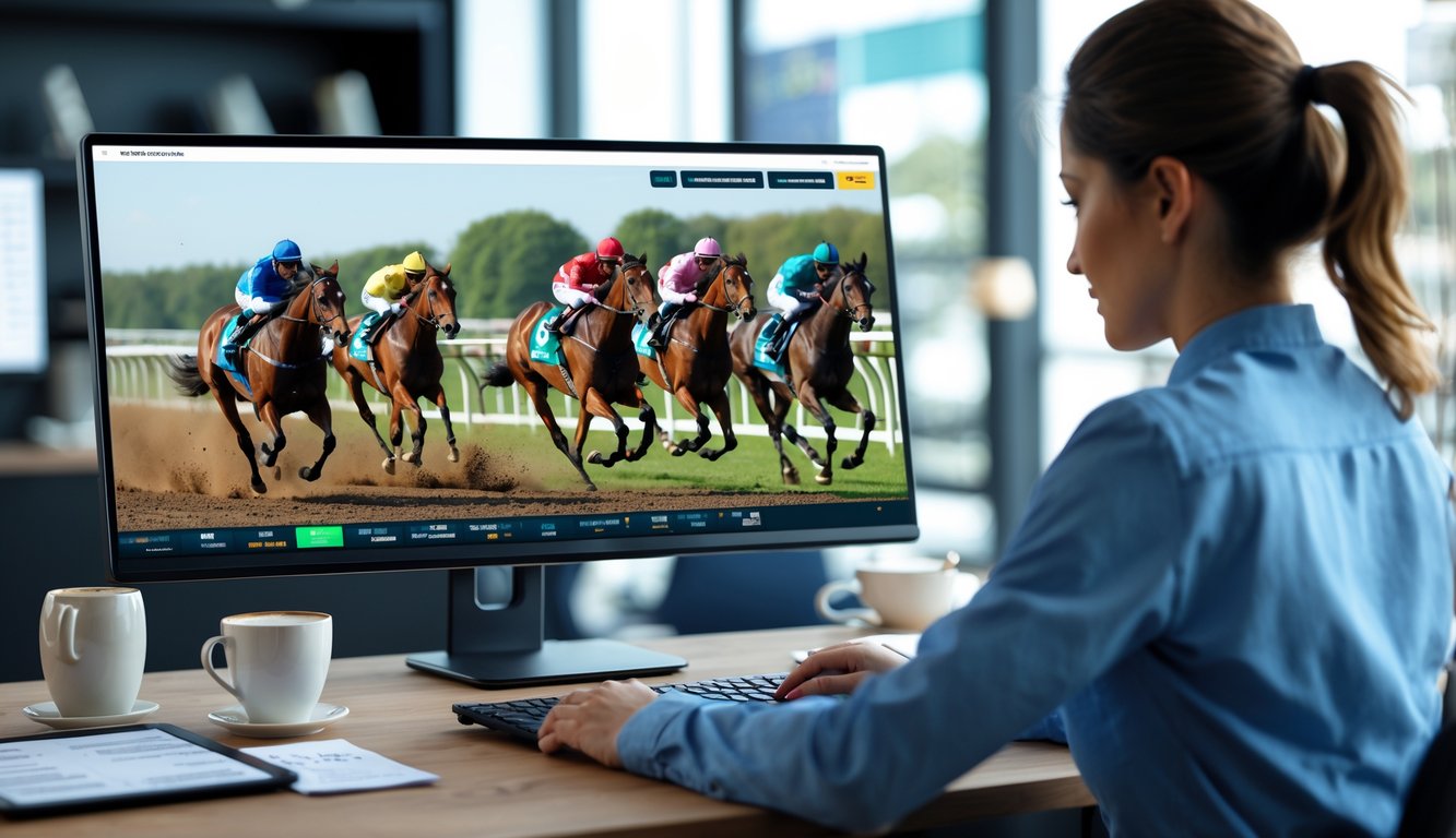 Seseorang duduk di depan komputer yang menampilkan balap kuda online dengan beberapa kuda berlari di lintasan balap.