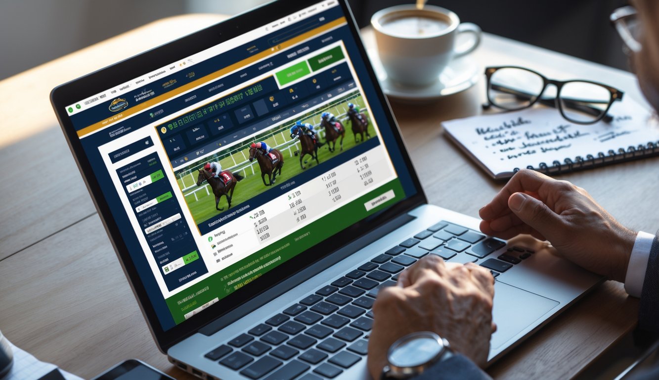 Seseorang menggunakan laptop dan ponsel untuk memasang taruhan balap kuda online dengan catatan strategi di meja.