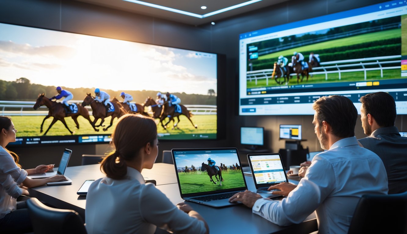 Orang-orang menonton dan memasang taruhan balap kuda secara online dengan layar besar menampilkan balapan kuda langsung.