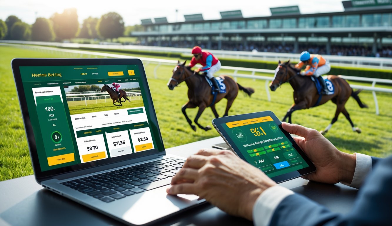 Orang-orang menggunakan perangkat digital untuk memasang taruhan balap kuda online saat perlombaan kuda berlangsung di lintasan yang cerah.