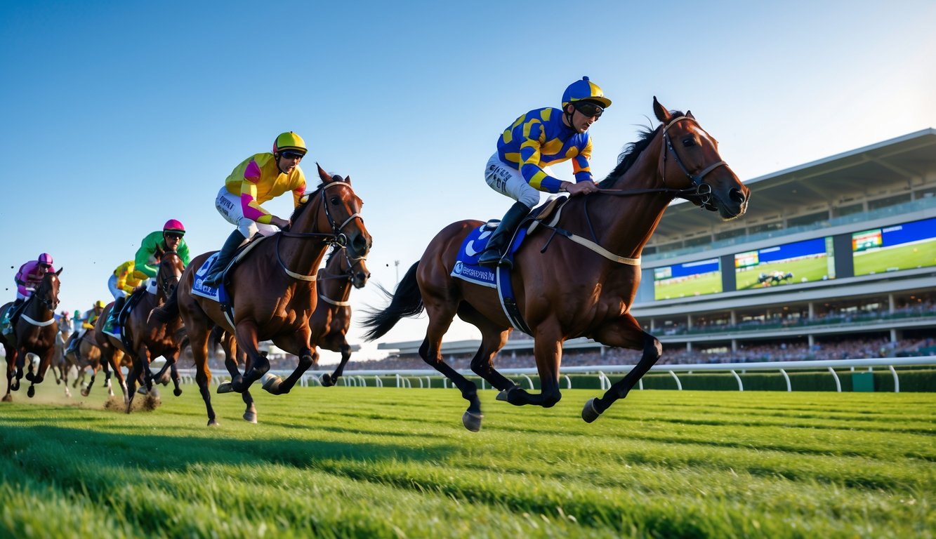 Balapan kuda internasional dengan jockey dan kuda terbaik dunia sedang berlomba di lintasan hijau dengan penonton di latar belakang.