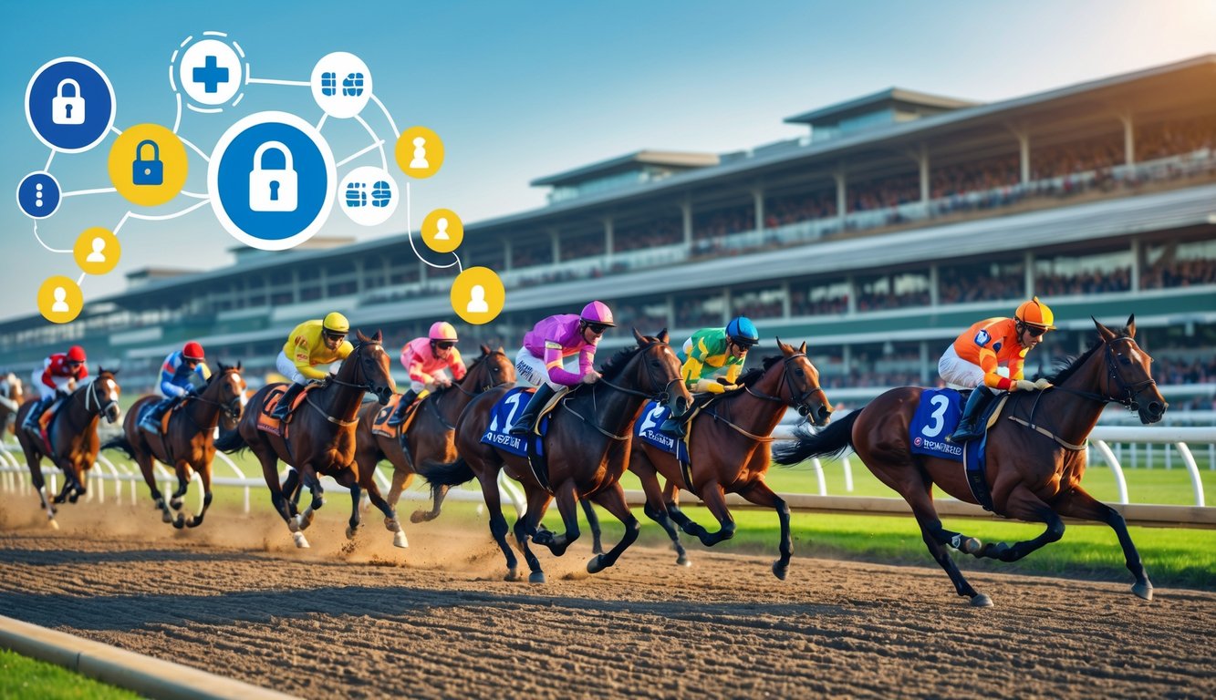 Beberapa kuda pacuan berlari cepat di lintasan balap dengan penonton di tribun dan simbol taruhan online yang abstrak di latar depan.