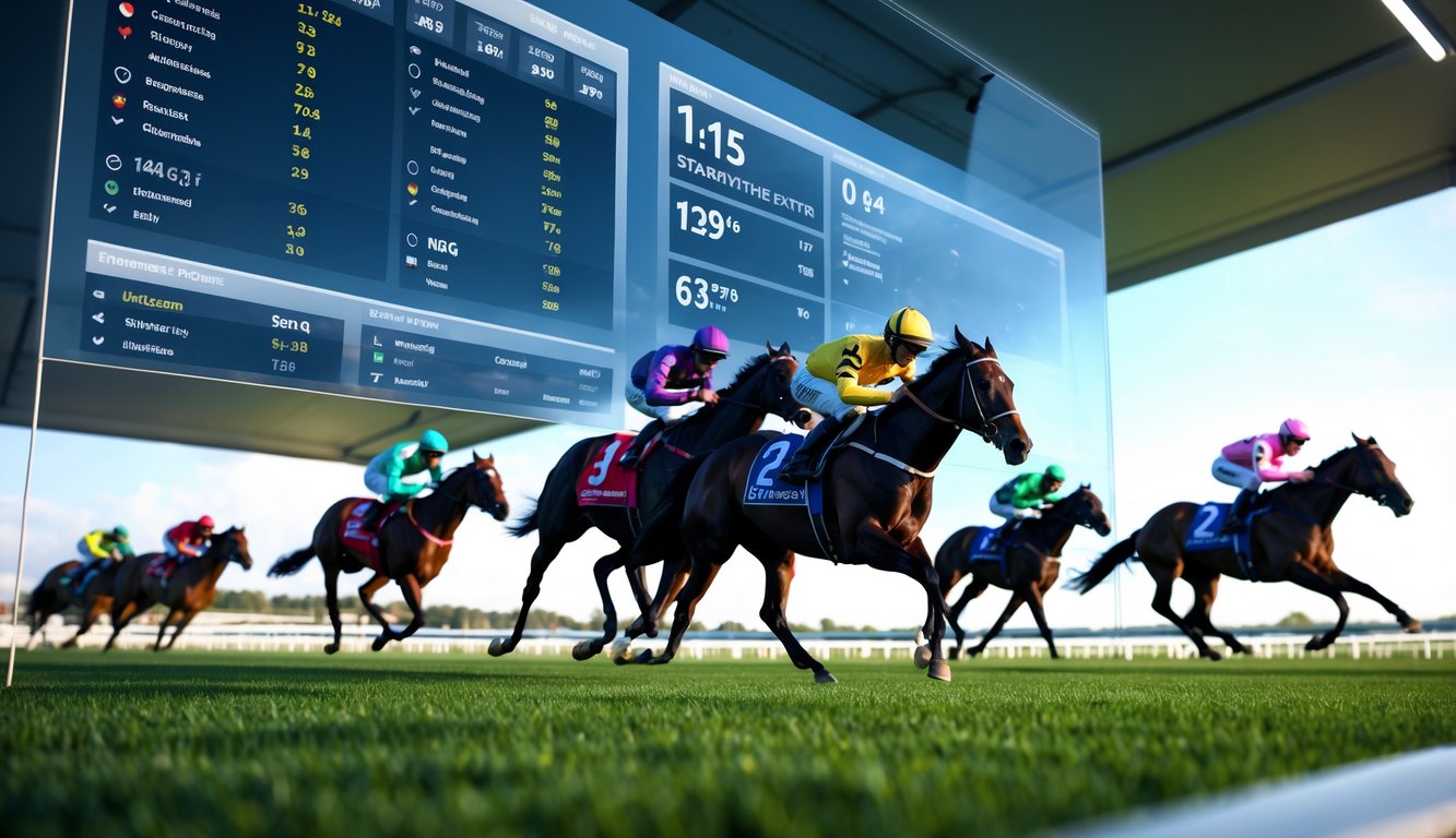 Balapan kuda modern dengan tampilan statistik lengkap dan peluang taruhan kompetitif di layar digital, latar belakang menunjukkan kuda dan joki sedang berlomba di lintasan.