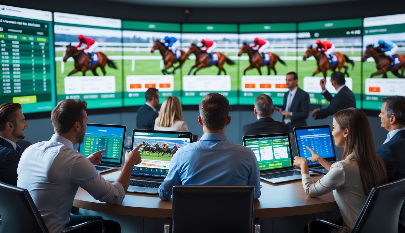 Sekelompok orang menonton balap kuda secara online dengan layar digital dan perangkat elektronik di ruangan modern.