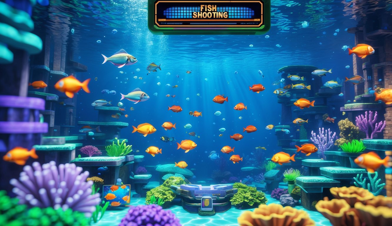 Lautan bawah air dengan berbagai ikan berwarna-warni berenang di sekitar terumbu karang.