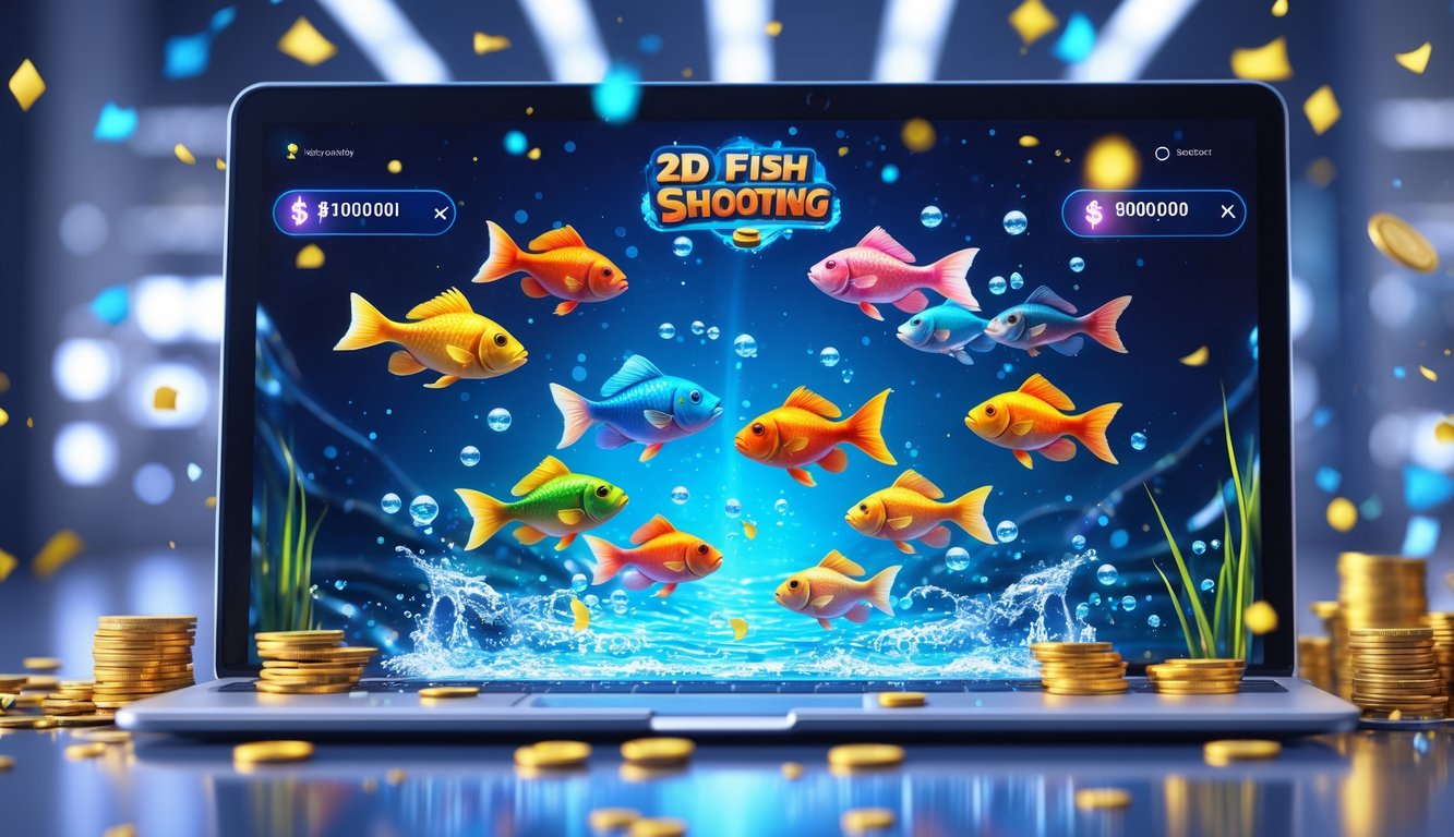 Tampilan layar perangkat dengan permainan tembak ikan 2D yang menampilkan ikan berwarna-warni dan efek air, menunjukkan suasana permainan online dengan elemen deposit kecil dan perayaan jackpot.