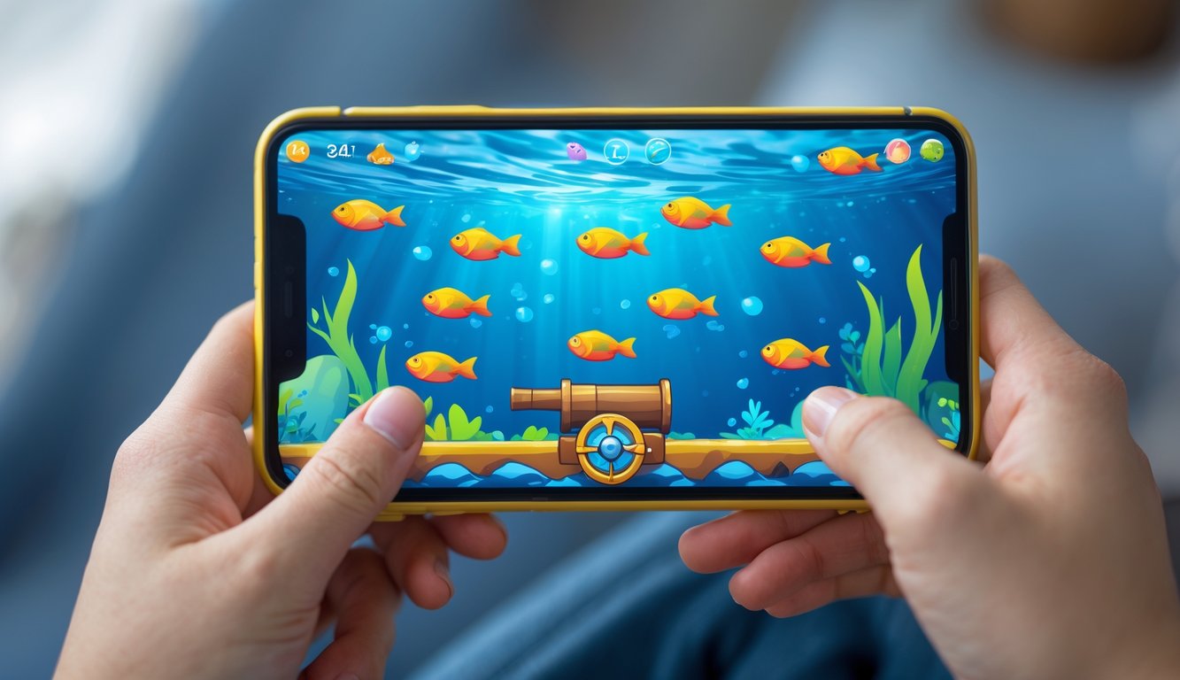 Seseorang memegang ponsel yang menampilkan permainan tembak ikan 2D dengan latar bawah laut berwarna-warni dan ikan-ikan kartun yang berenang.