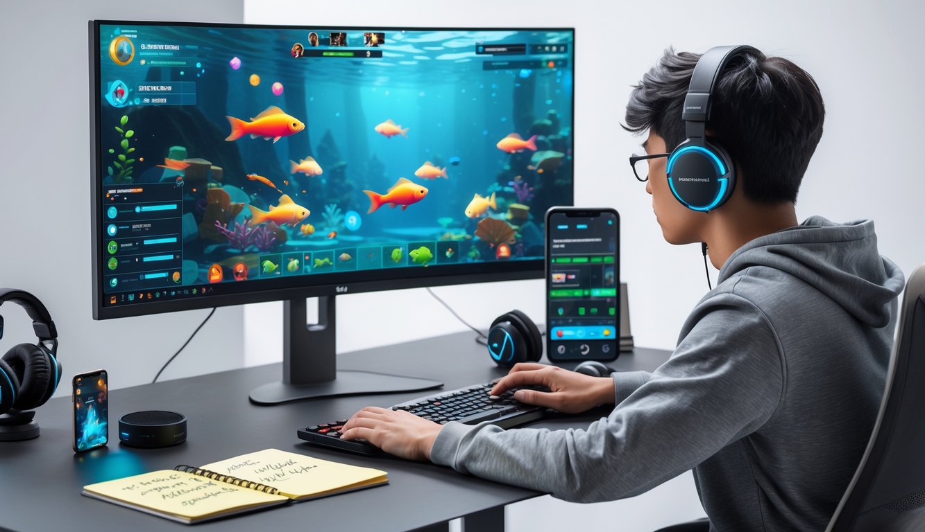 Seorang dewasa muda sedang duduk di depan komputer dengan permainan tembak ikan 2D di layar, fokus bermain di ruang kerja yang rapi.