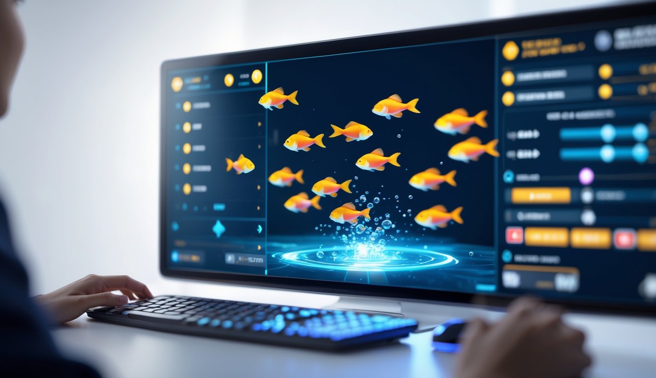 Layar komputer menampilkan permainan tembak ikan 2D online dengan ikan berwarna-warni yang bergerak dan antarmuka permainan yang jelas.
