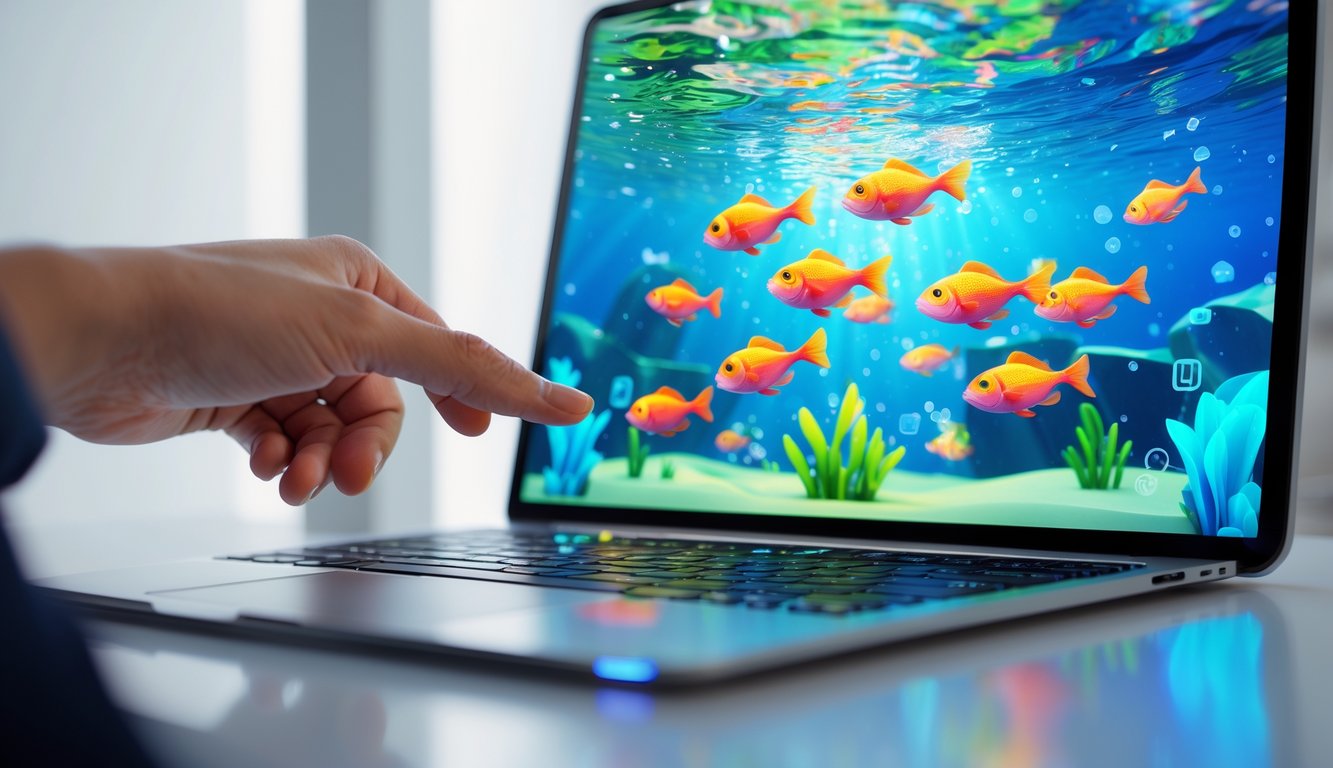 Tangan yang sedang bermain permainan tembak ikan 2D online di layar perangkat digital dengan ikan berwarna-warni di latar belakang bawah air.