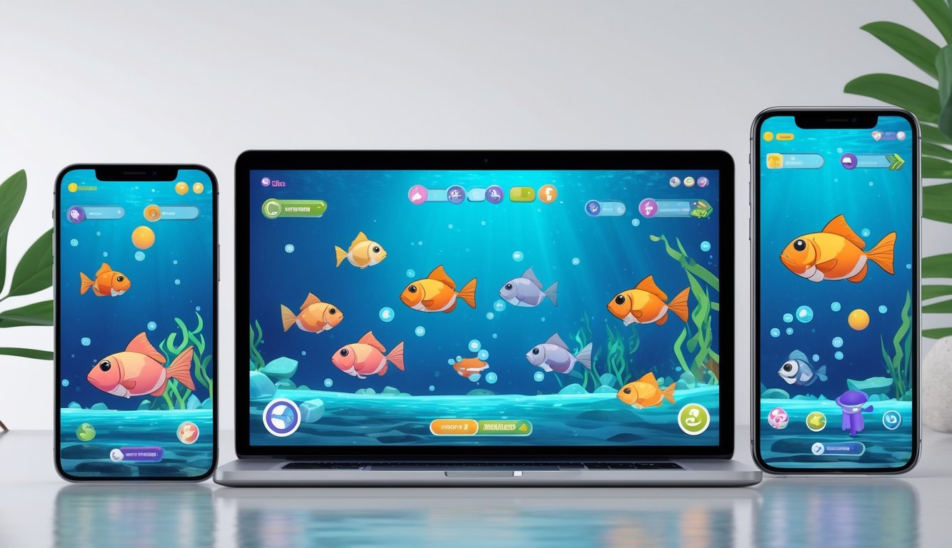 Tampilan permainan tembak ikan 2D online di berbagai perangkat seperti ponsel, tablet, dan laptop dengan latar bawah laut berwarna cerah dan ikan animasi.